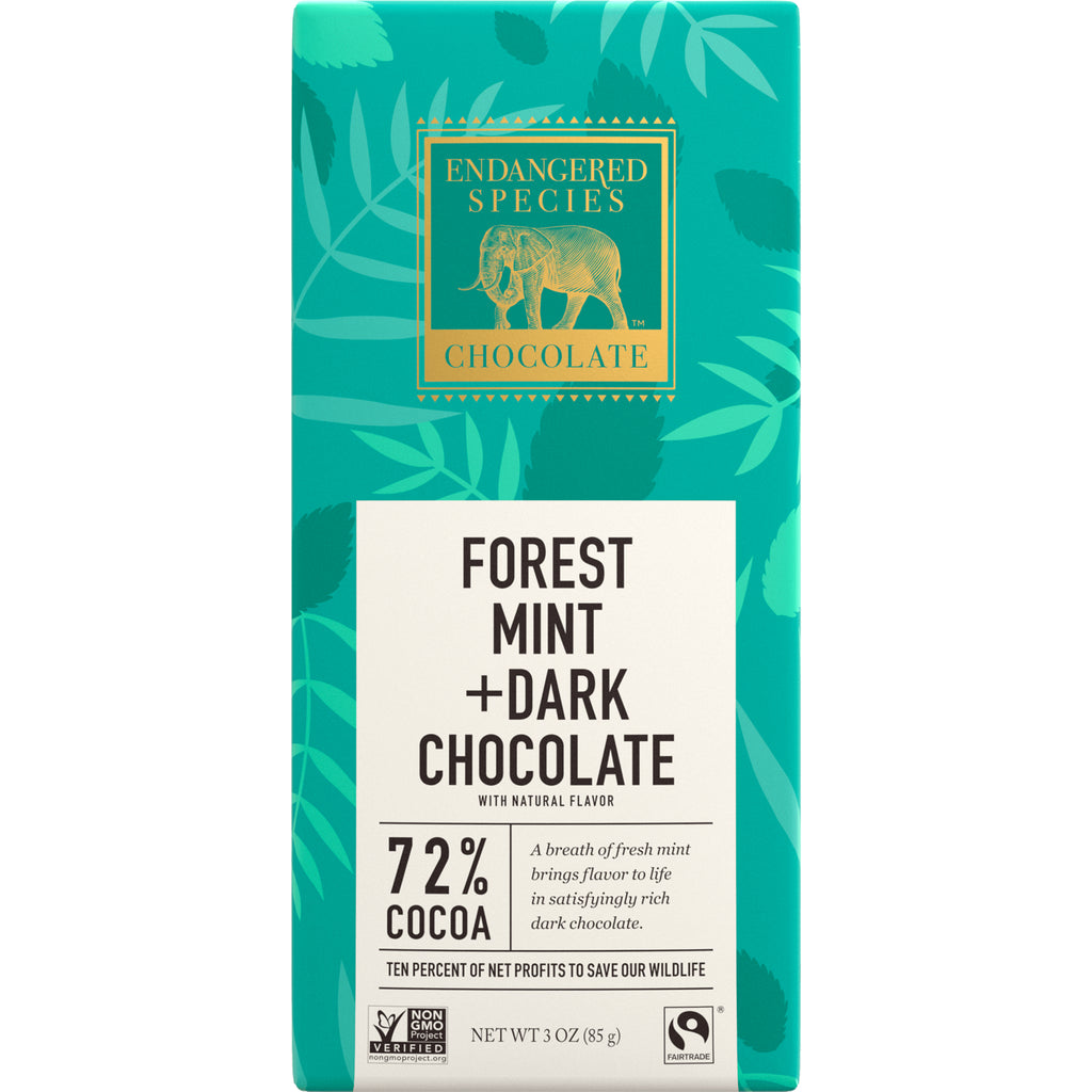EES003 | Forest Mint + Dark Chocolate 72% cocoa bar in teal packaging with Endangered Species elephant logo - Thumbnail