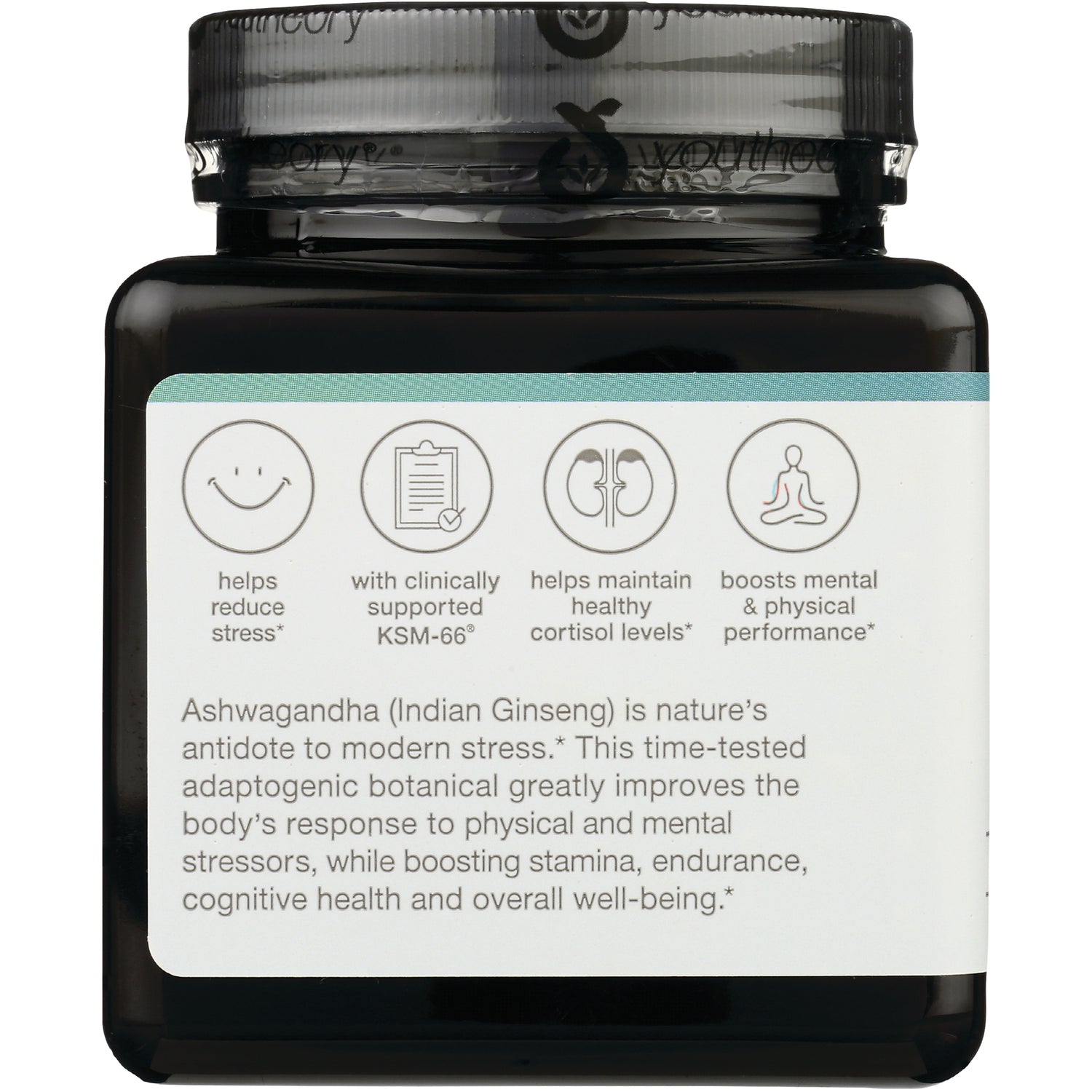 YOU012 | Ashwagandha benefits infographic: reduce stress, KSM-66, healthy cortisol, boosts mental and physical performance