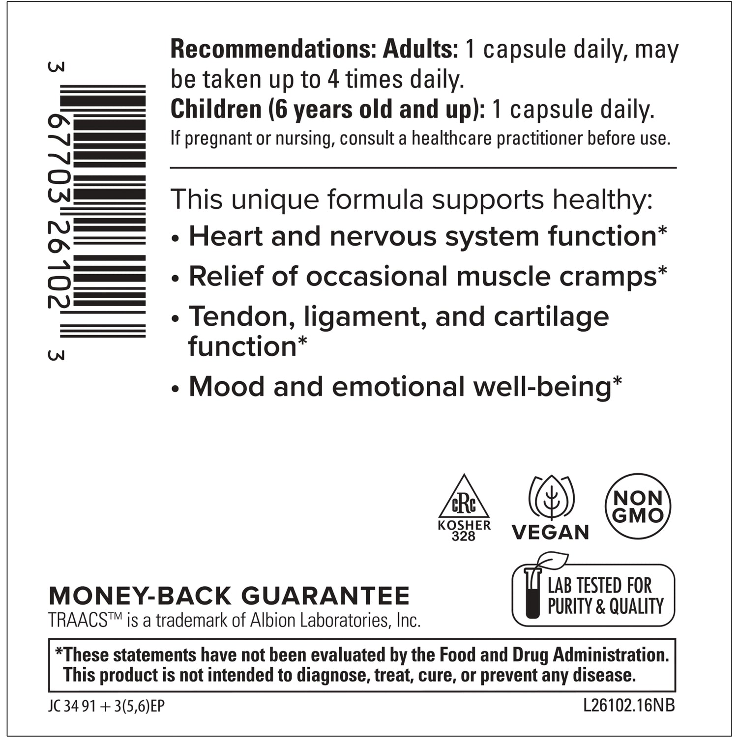 EUR034 | back label showing dosage recommendations, bullet list of benefits, barcode and certification icons
