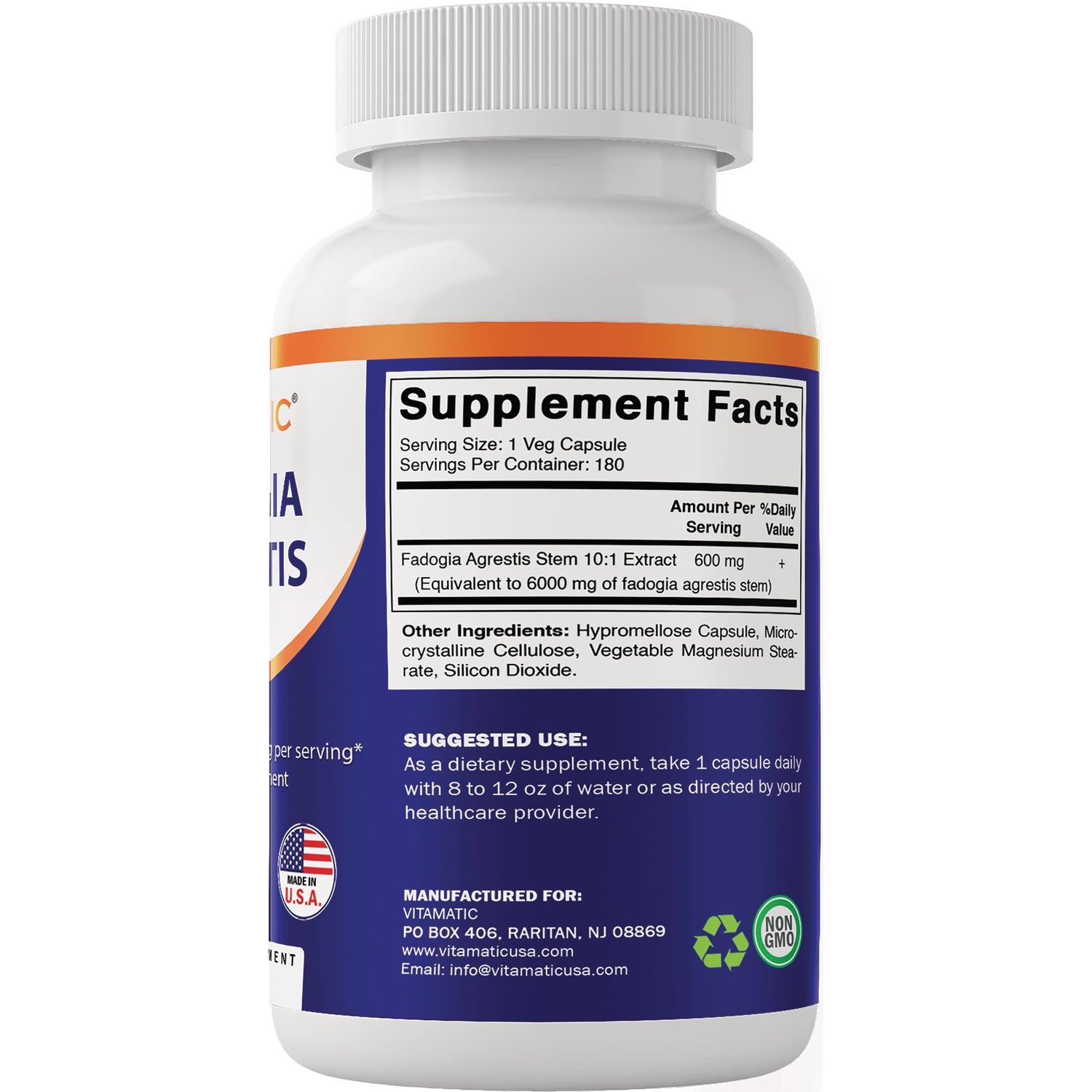 VAM010 | Back label with Supplement Facts for Fadogia Agrestis 10:1 extract 600 mg; serving size 1 veg capsule; 180 servings
