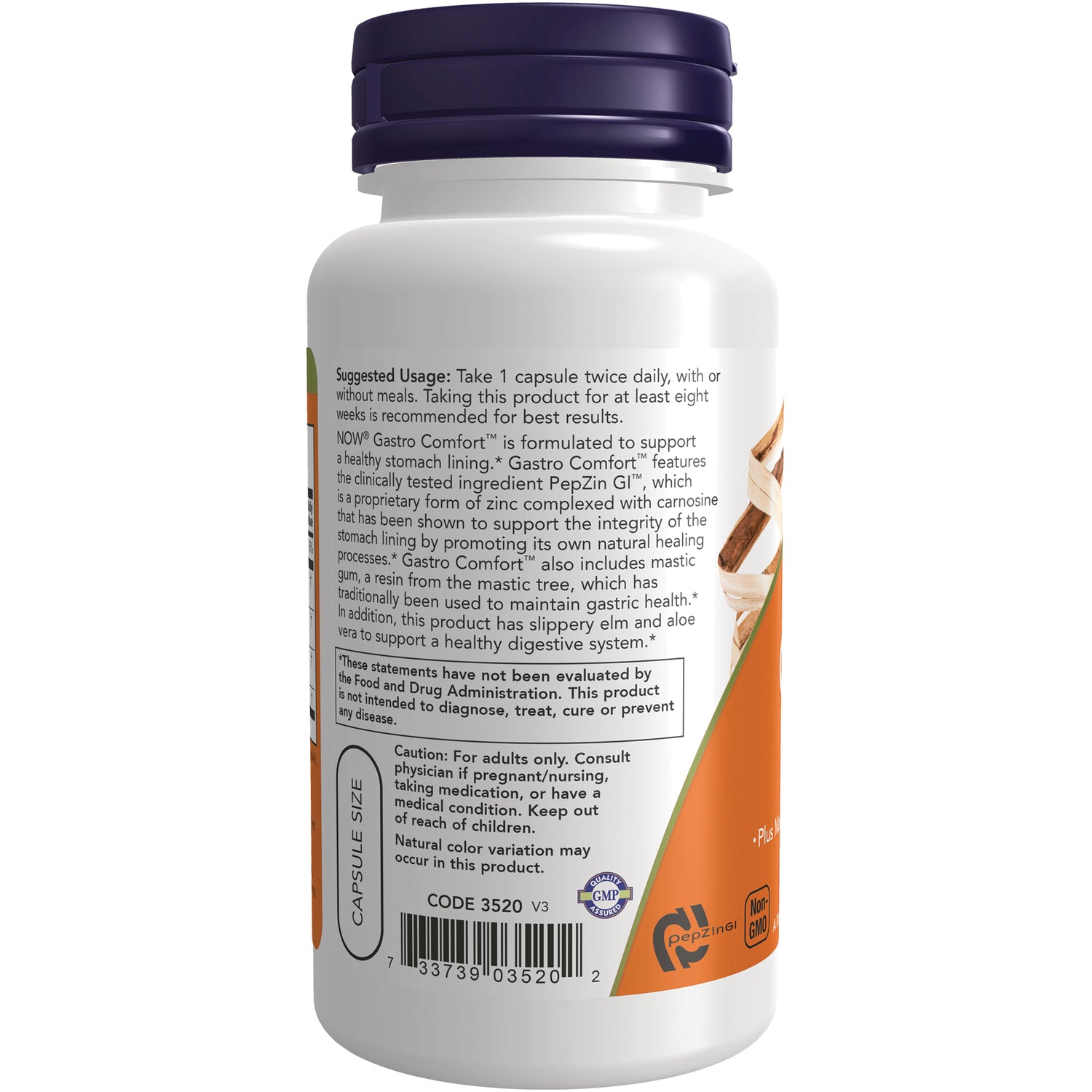 NWF1433 | Back of white supplement bottle showing suggested usage, caution text, barcode and certification seals