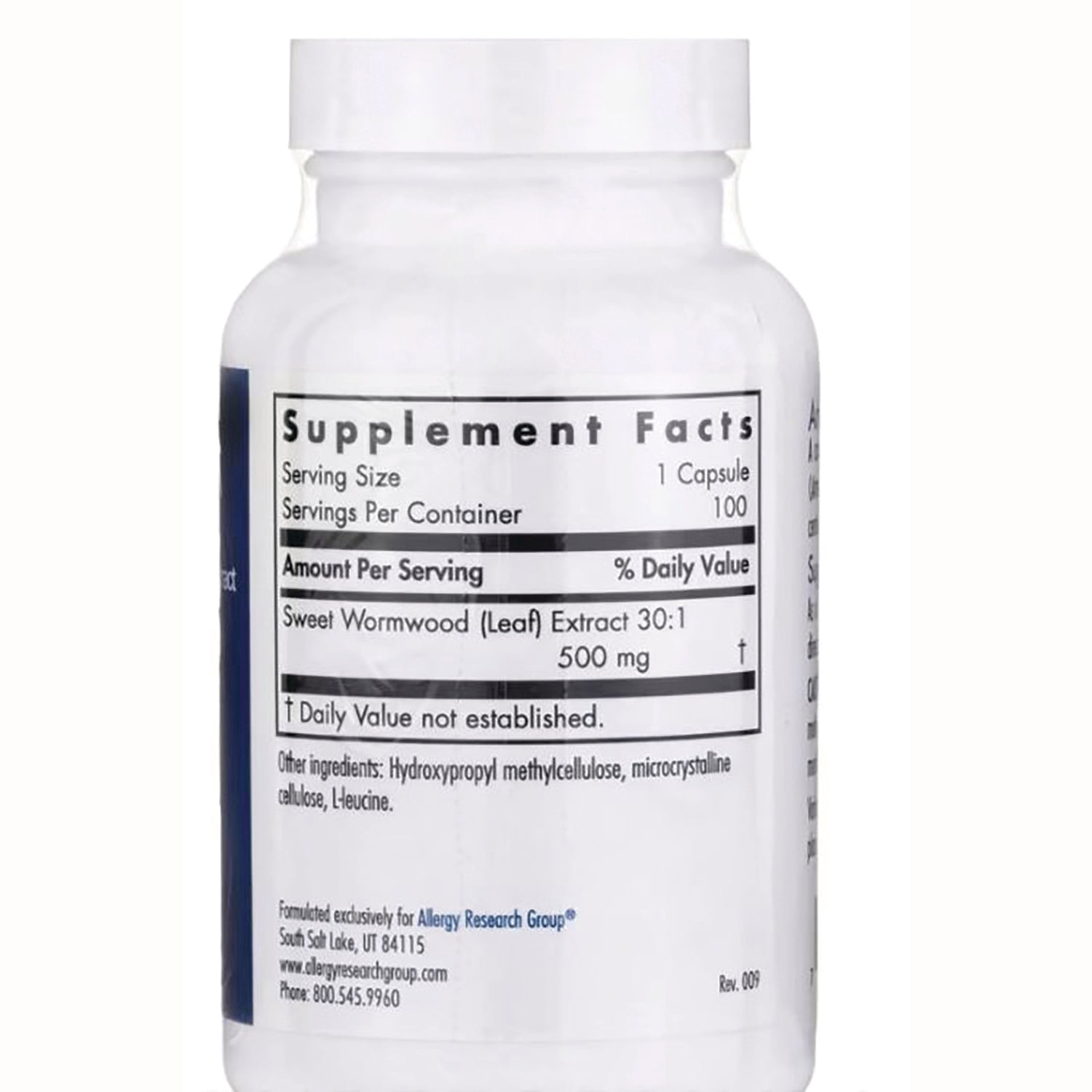 ARG041 | Back of white supplement bottle showing Supplement Facts panel with Sweet Wormwood (Leaf) Extract 30:1 500 mg and other ingredients