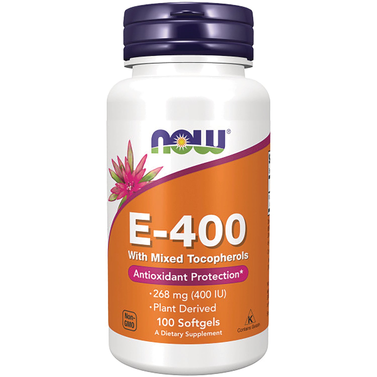 NWF044 | NOW E-400 vitamin E softgels bottle with orange label showing 100 Softgels
