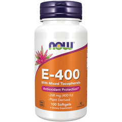NWF044 | NOW E-400 vitamin E softgels bottle with orange label showing 100 Softgels