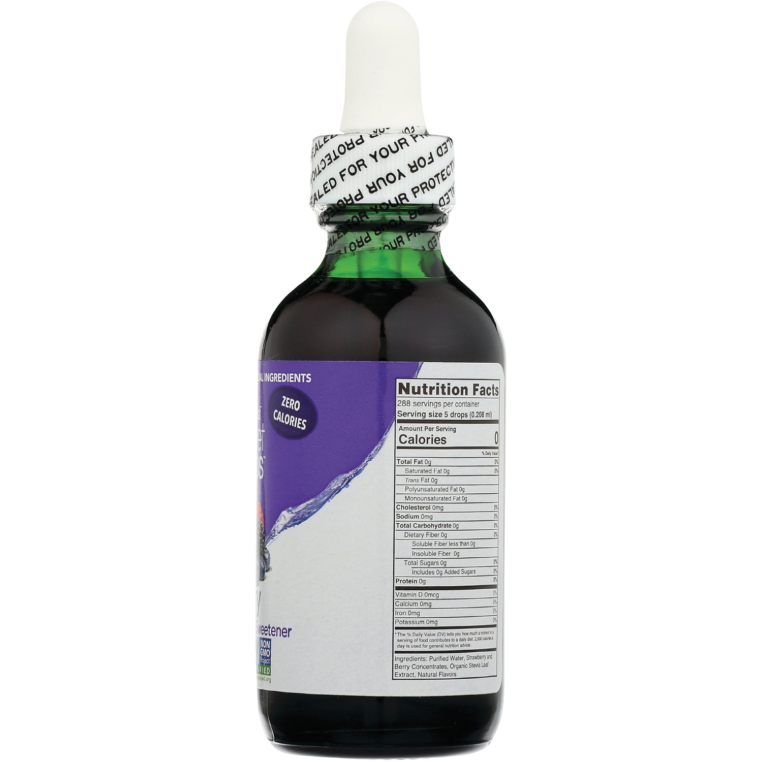 WA032 | Back of liquid dropper bottle with Nutrition Facts panel and zero calories callout