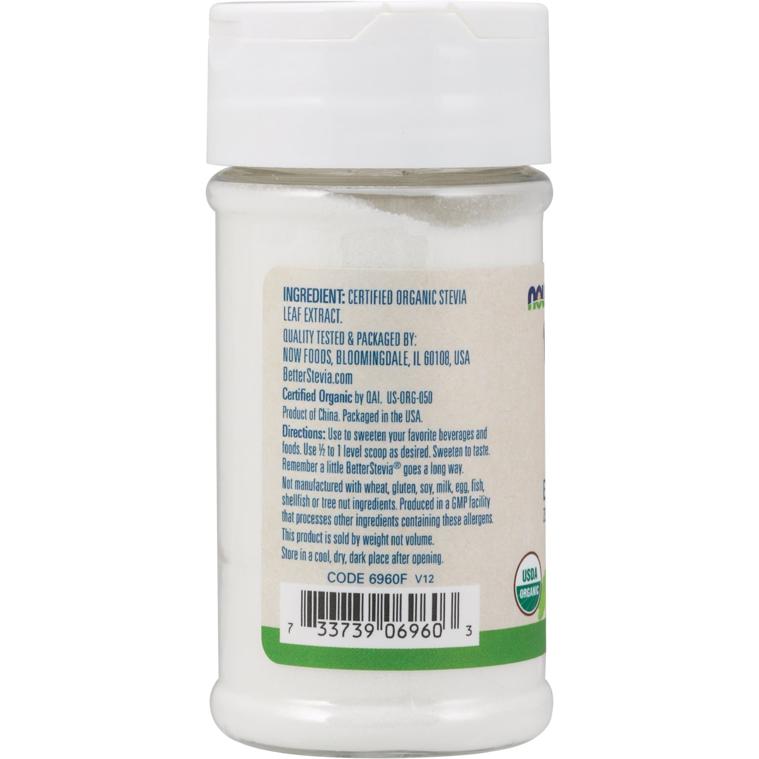 NWF097 | back label of white jar showing certified organic stevia ingredient list, directions and barcode