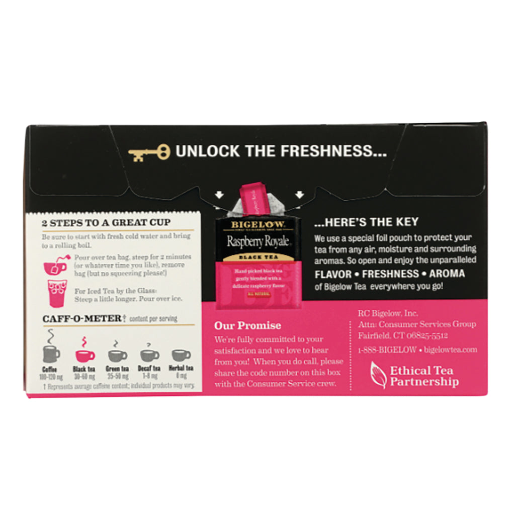 BGT001 | Back of Raspberry Royale tea box showing brewing steps, caff-o-meter, and company information - Thumbnail