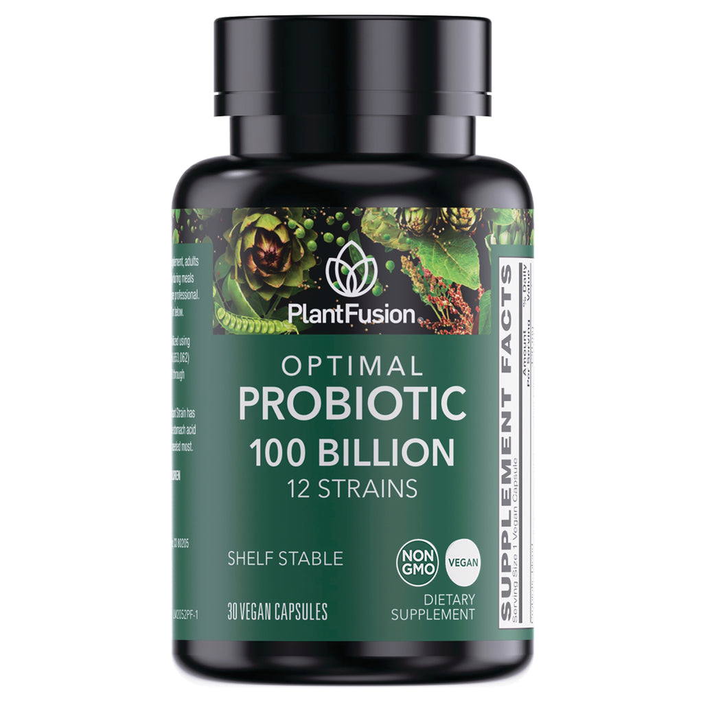PFU033 | PlantFusion Optimal Probiotic 100 Billion 12 strains front label on green bottle, 30 vegan capsules - Thumbnail