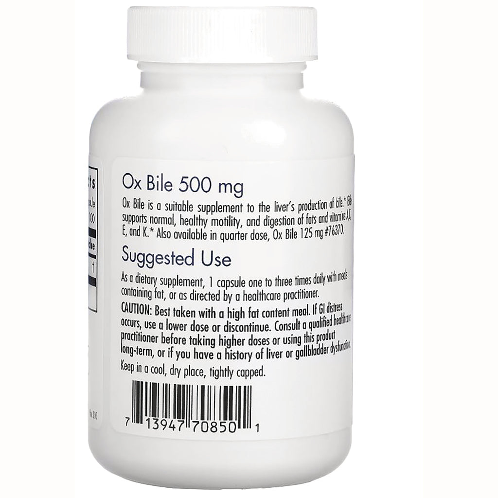 ARG015 | Back label of white supplement bottle reading Ox Bile 500 mg with suggested use instructions and barcode - Thumbnail