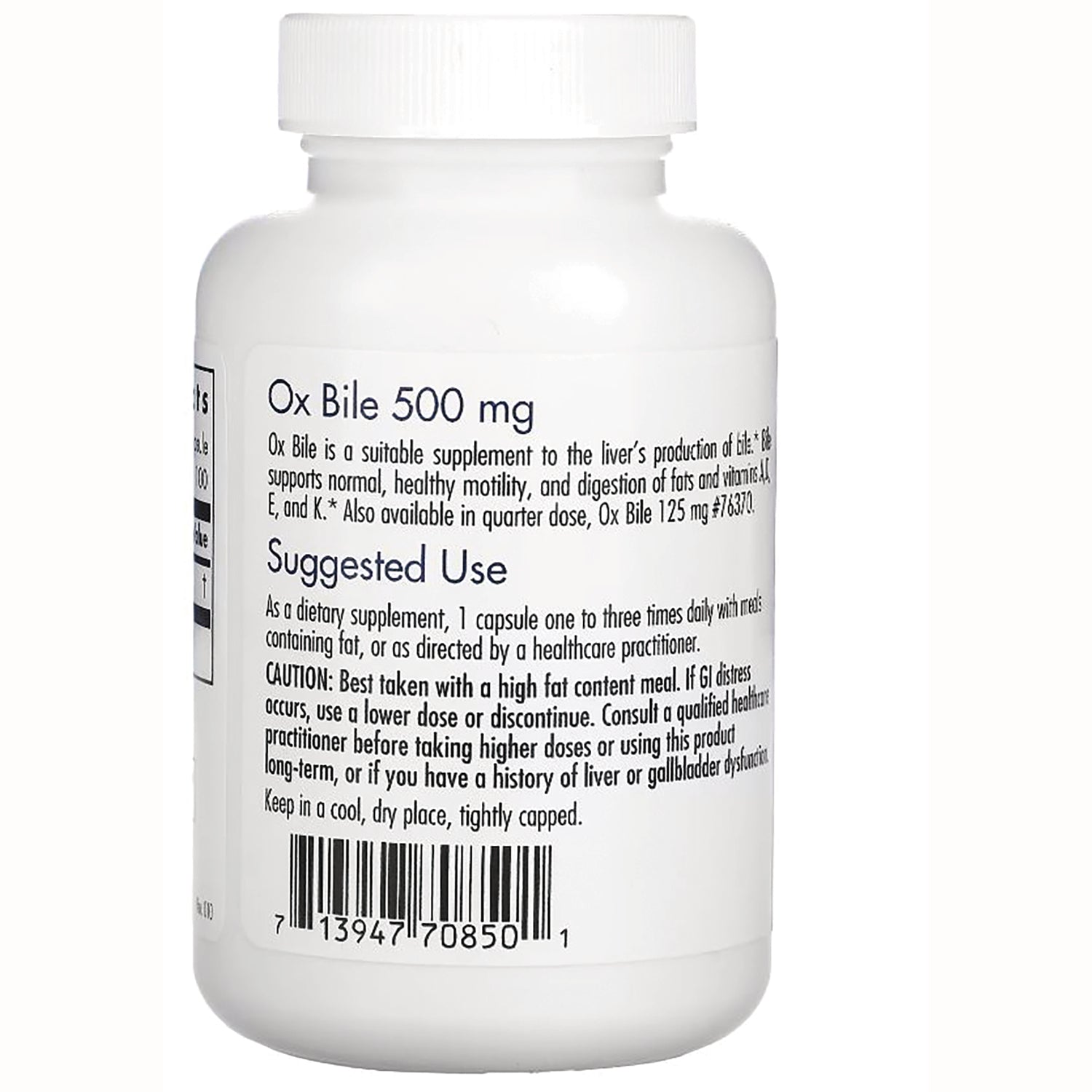 ARG015 | Back label of white supplement bottle reading Ox Bile 500 mg with suggested use instructions and barcode