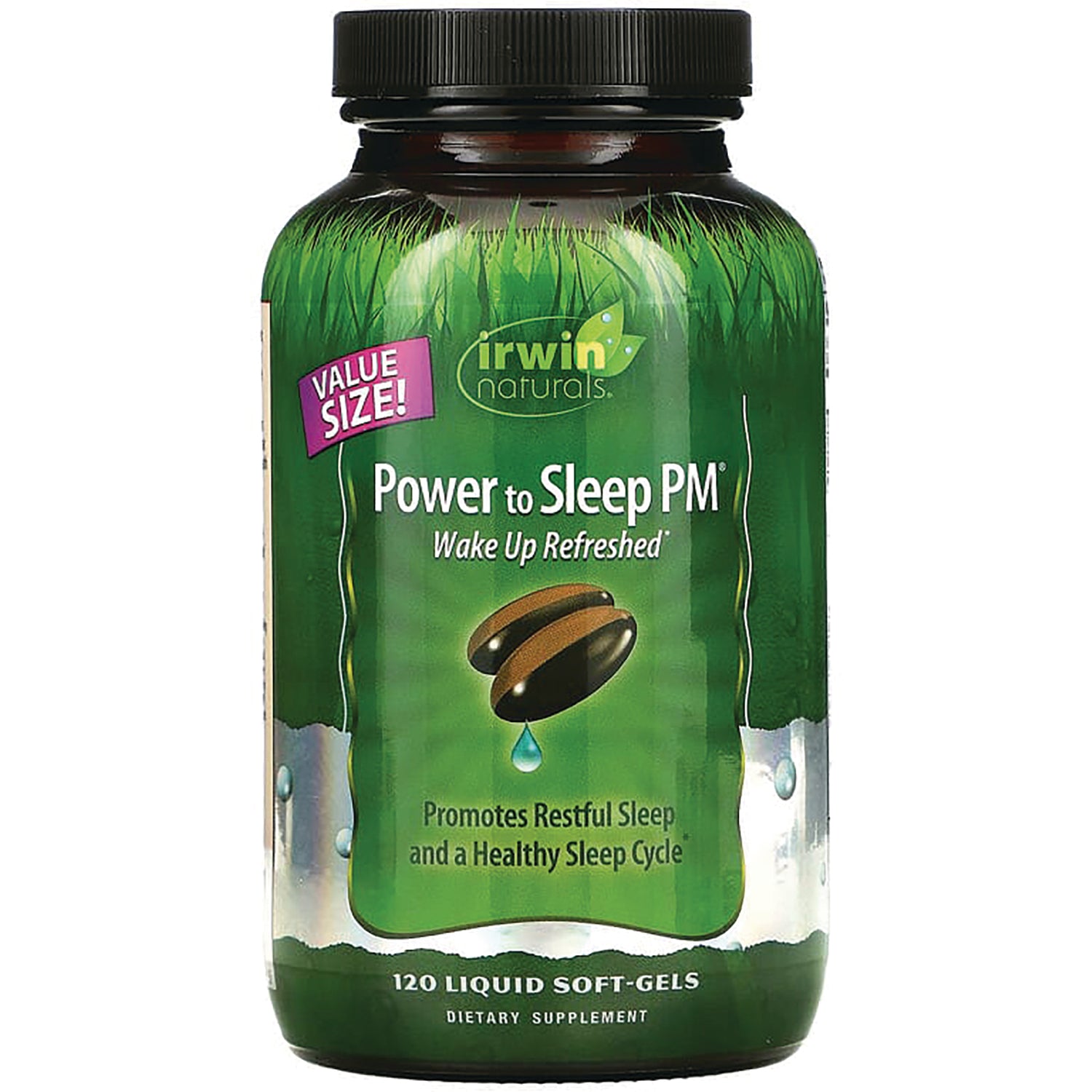 IR094 | Irwin Naturals Power to Sleep PM green bottle front label, 120 liquid soft-gels dietary supplement