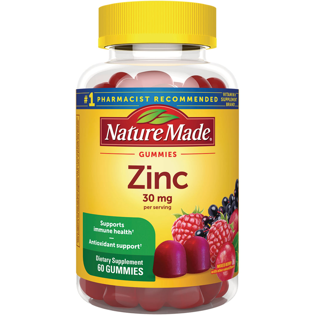 NTM135 | Nature Made Zinc gummies bottle, 60 gummies, 30 mg per serving, yellow label with mixed berry images - Thumbnail