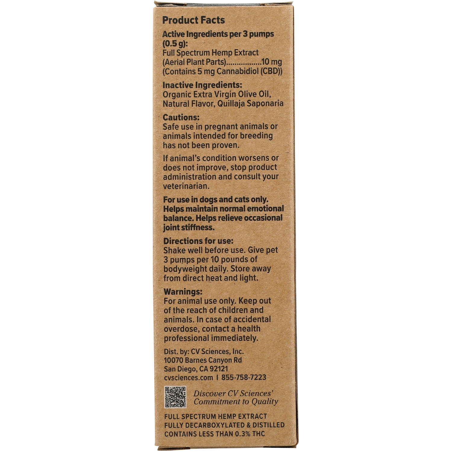 CV030 | brown side panel showing product facts, active and inactive ingredients, directions and warnings
