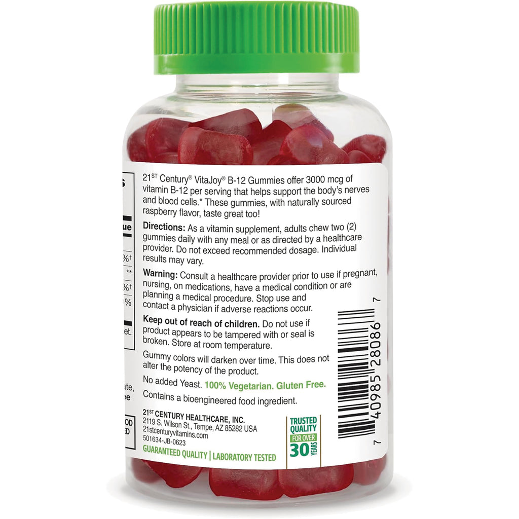 CNT284 | back label of clear bottle of red gummies showing directions, warnings, barcode, and green cap - Thumbnail
