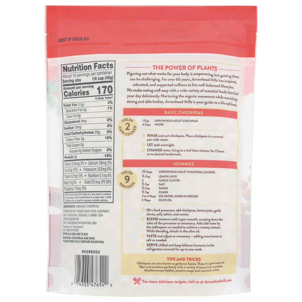 AHM070 | Back of chickpeas bag with Nutrition Facts, The Power of Plants text, and Basic Chickpeas and Hummus recipes - Thumbnail