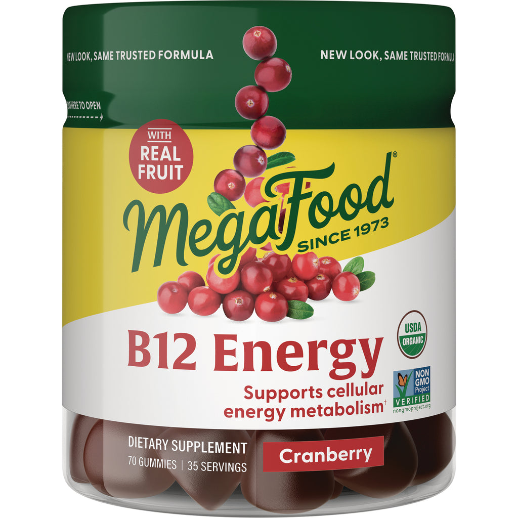 MGF104 | MegaFood B12 Energy cranberry gummy supplement jar front label with cranberries - Thumbnail