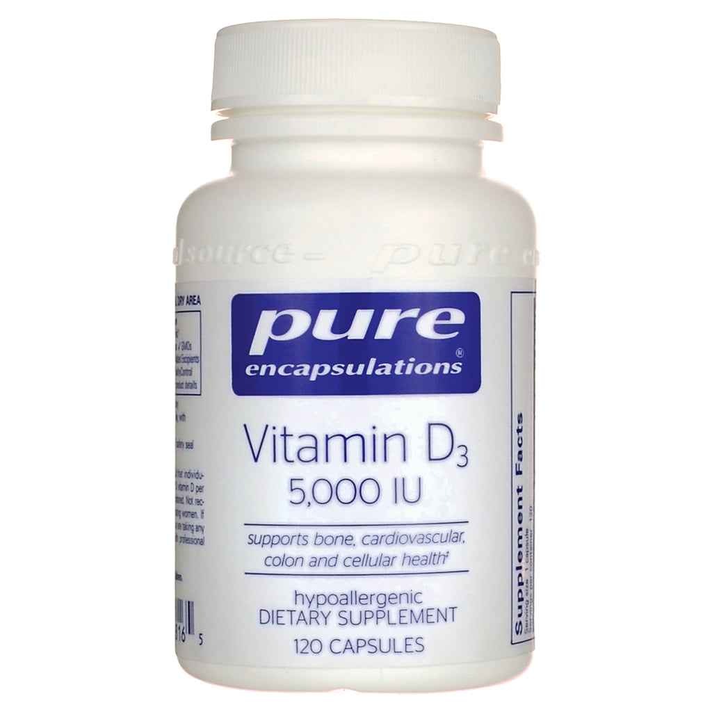 PRN004 | Pure Encapsulations Vitamin D3 5,000 IU white bottle, hypoallergenic dietary supplement, 120 capsules - Thumbnail