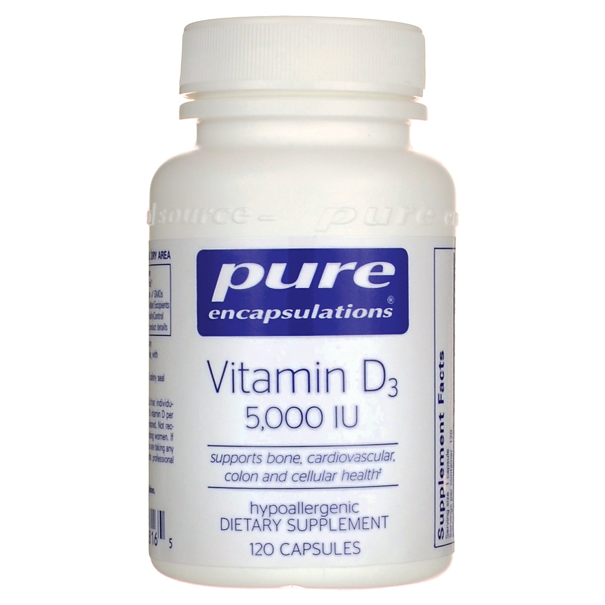 PRN004 | Pure Encapsulations Vitamin D3 5,000 IU white bottle, hypoallergenic dietary supplement, 120 capsules