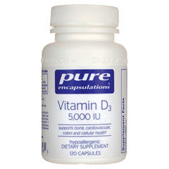 PRN004 | Pure Encapsulations Vitamin D3 5,000 IU white bottle, hypoallergenic dietary supplement, 120 capsules