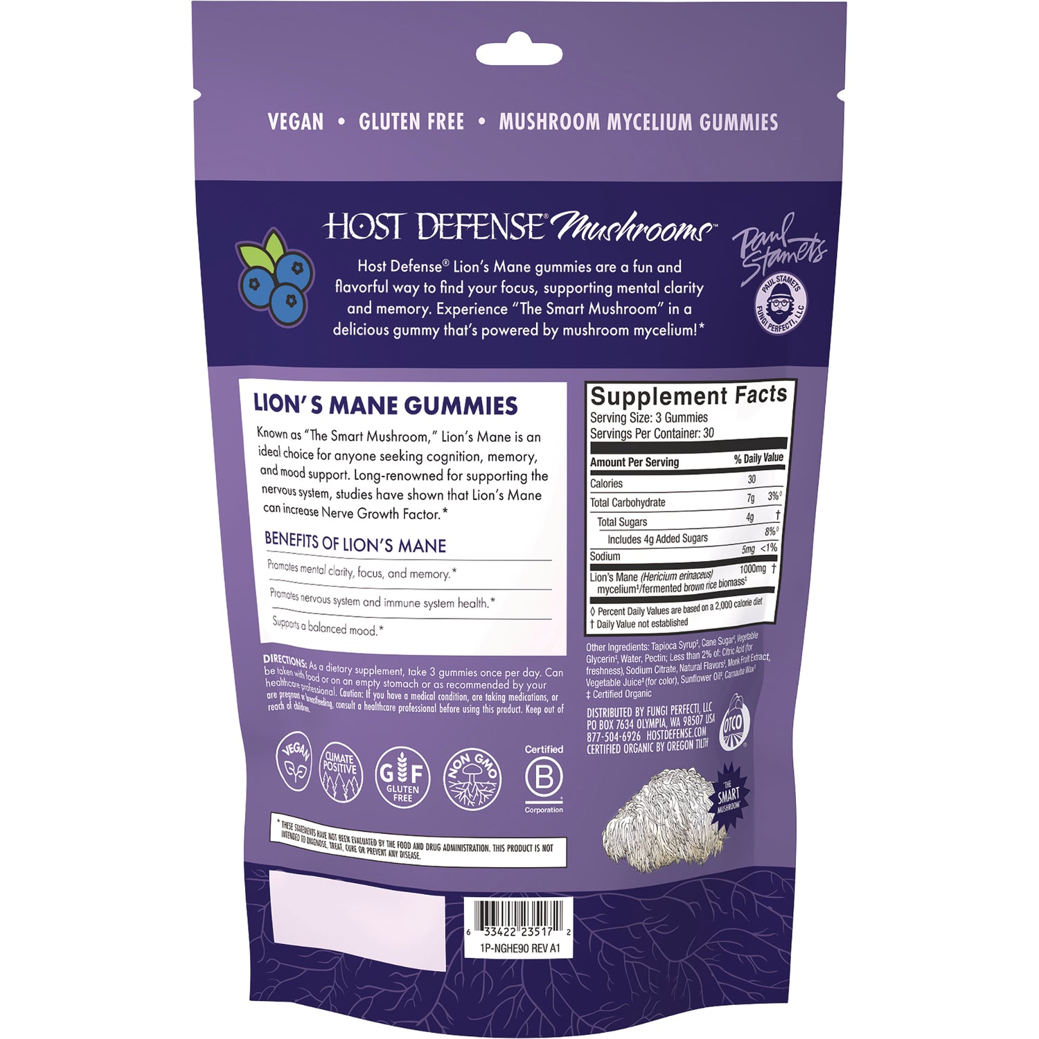 FUN059 | Back of Host Defense Mushrooms Lion’s Mane Gummies package with supplement facts and benefits