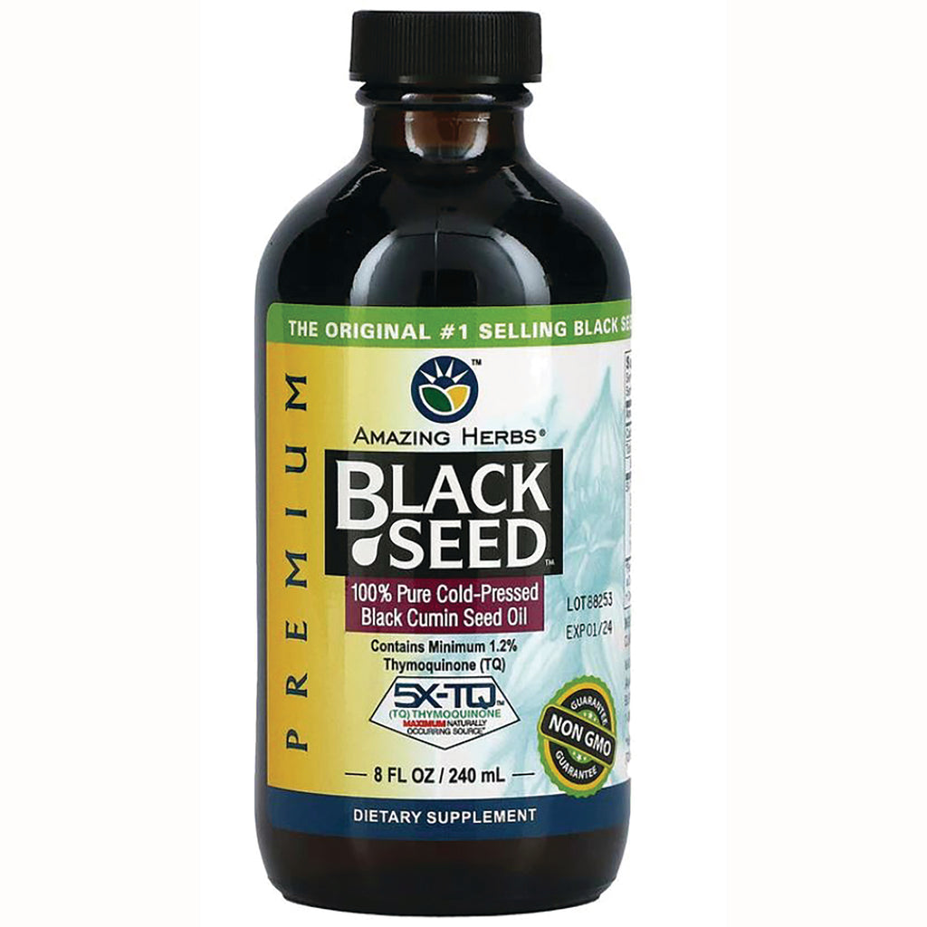 AZH005 | Bottle of Amazing Herbs BLACK SEED 100% pure cold-pressed black cumin seed oil 8 fl oz Non GMO - Thumbnail