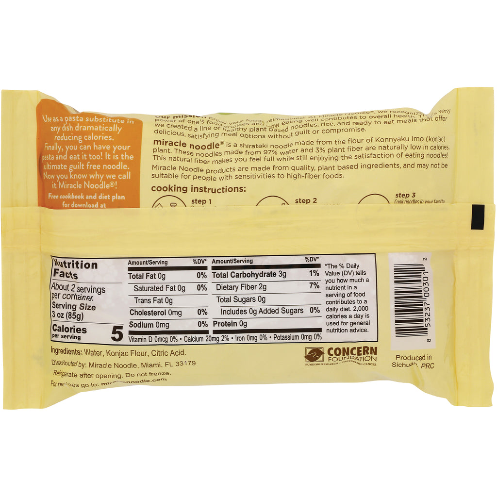 MIR004 | Back of yellow Miracle Noodle package showing Nutrition Facts panel, ingredients and barcode - Thumbnail
