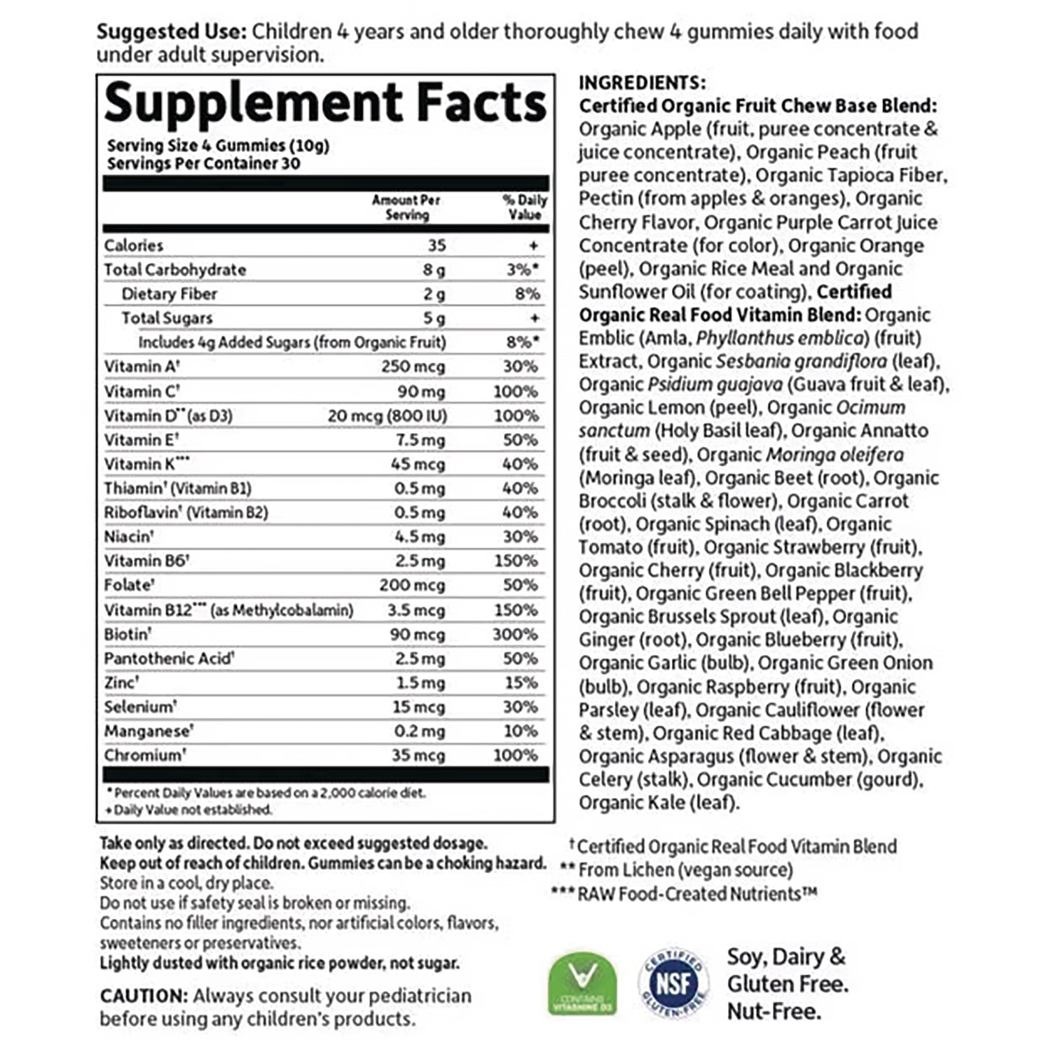 Supplement Facts nutrition panel and ingredients list for children's organic gummies, serving size 4 gummies
