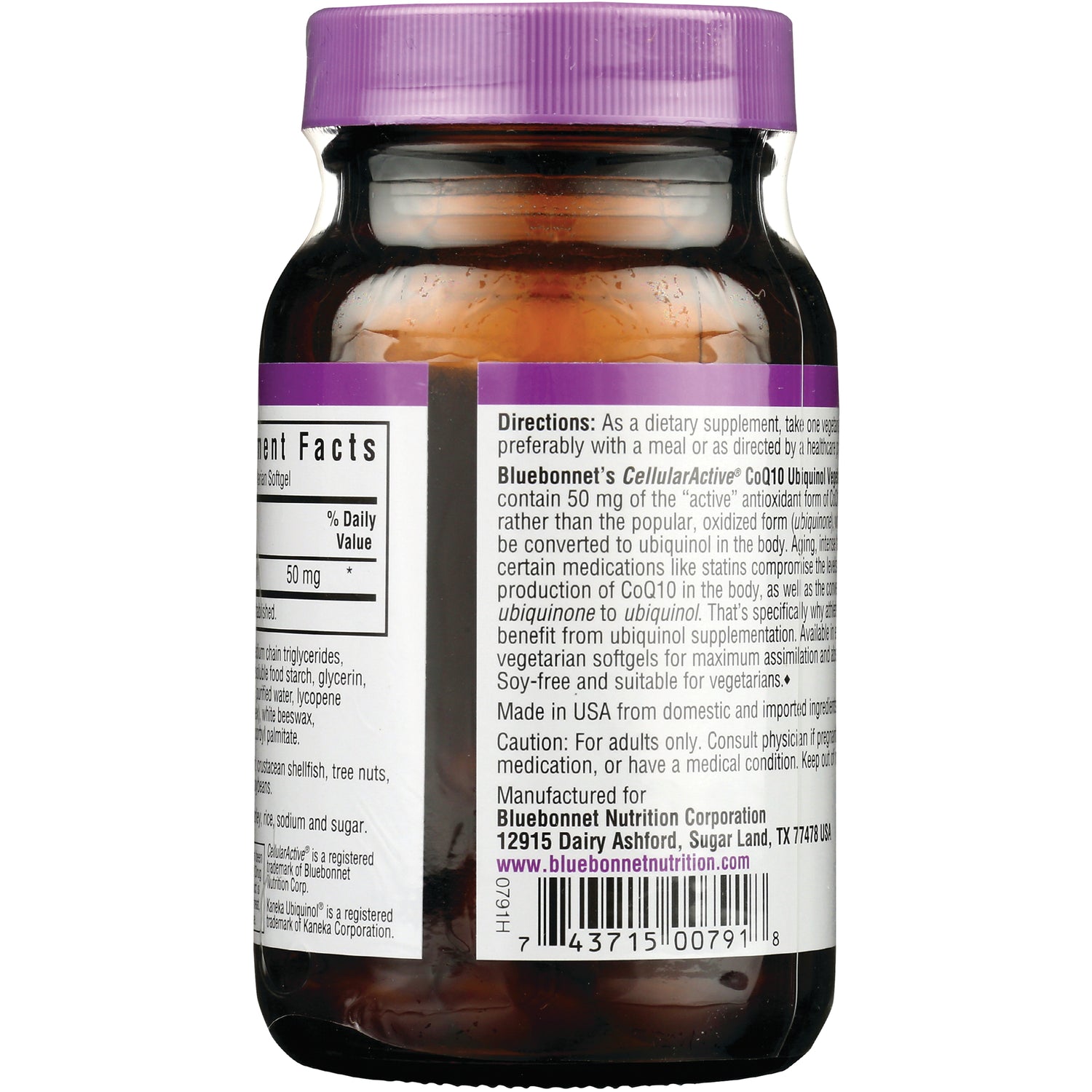 BLU064 | Back label of Bluebonnet supplement bottle showing directions, supplement facts panel and barcode