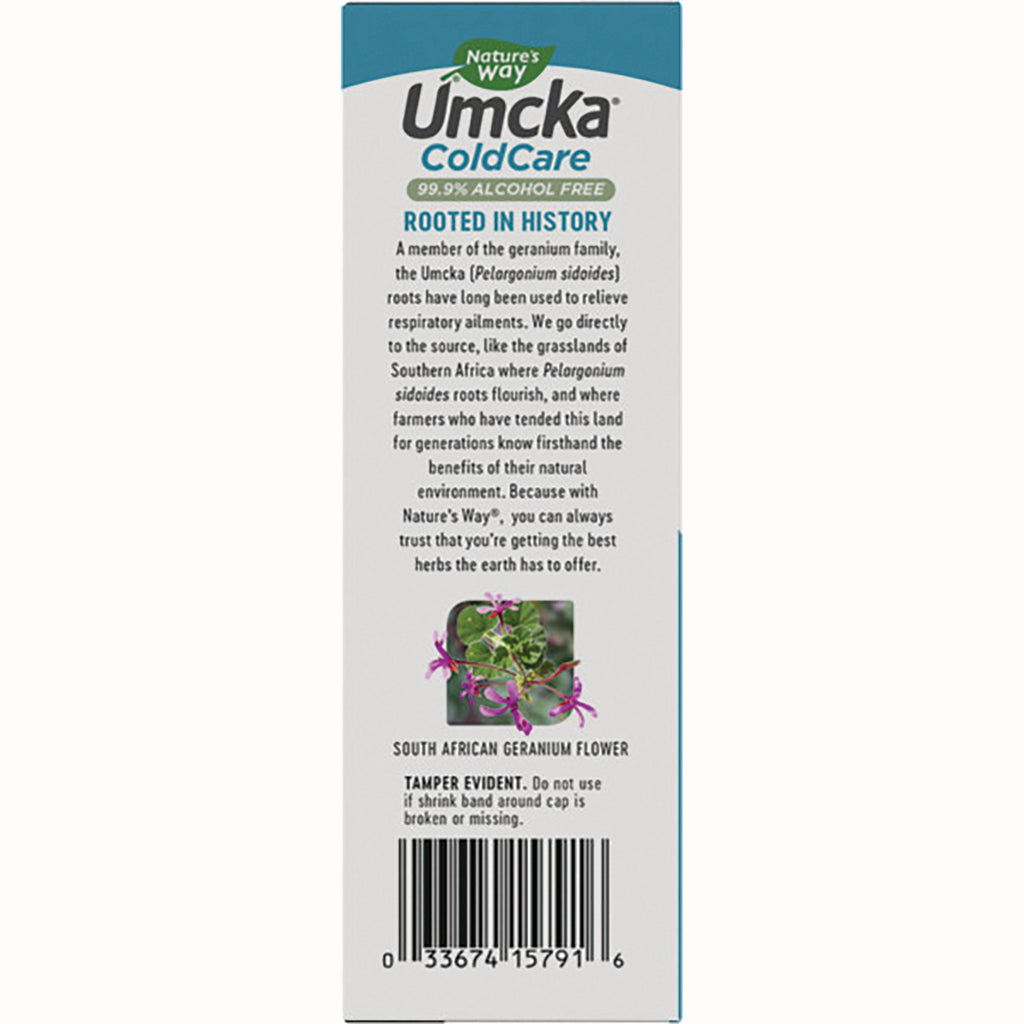 NW746 | Umcka ColdCare product infographic panel with history text, geranium flower image and barcode - Thumbnail