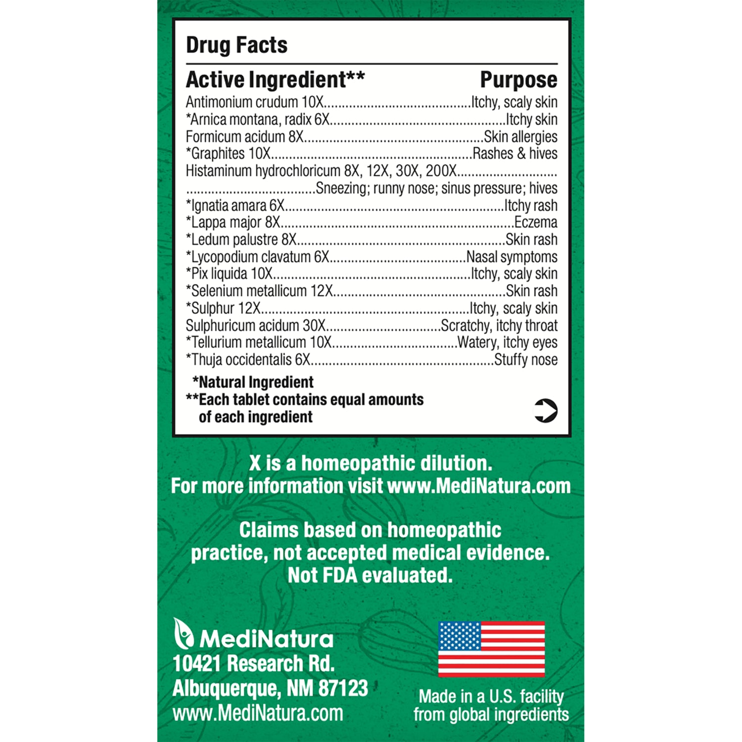 MNA029 | Back of green MediNatura box showing drug facts panel, ingredient list, company address and US flag