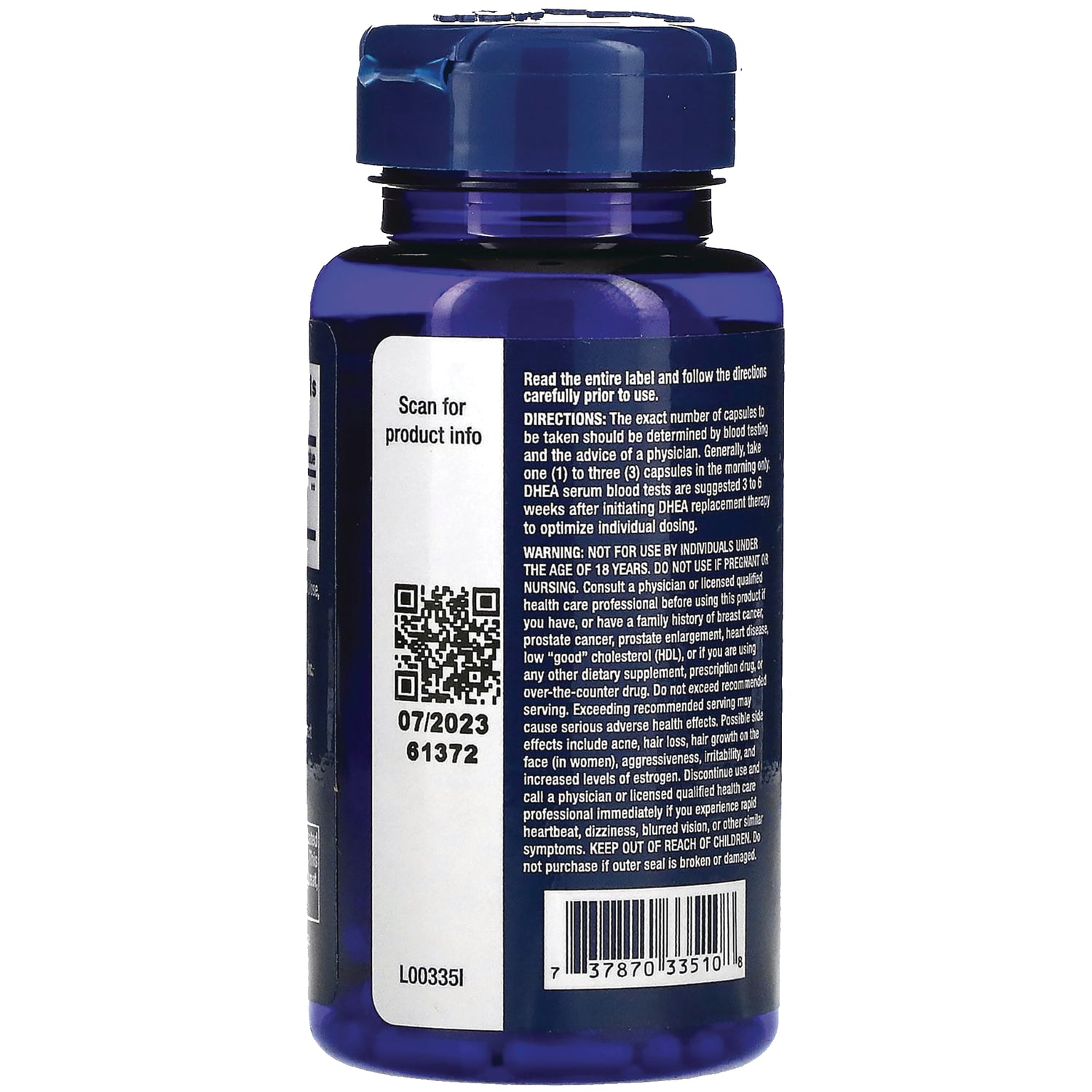 LE104 | Back of blue supplement bottle showing QR code, barcode, directions text, 07/2023 date and lot L003351