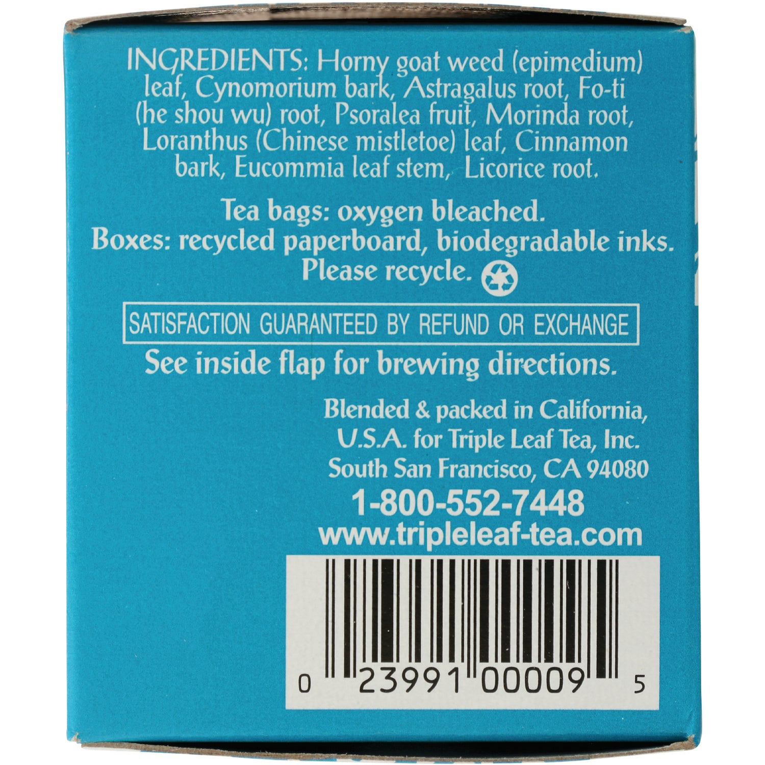 TLT015 | Back panel of Triple Leaf Tea box with ingredients, recycling info, phone number, website, and barcode