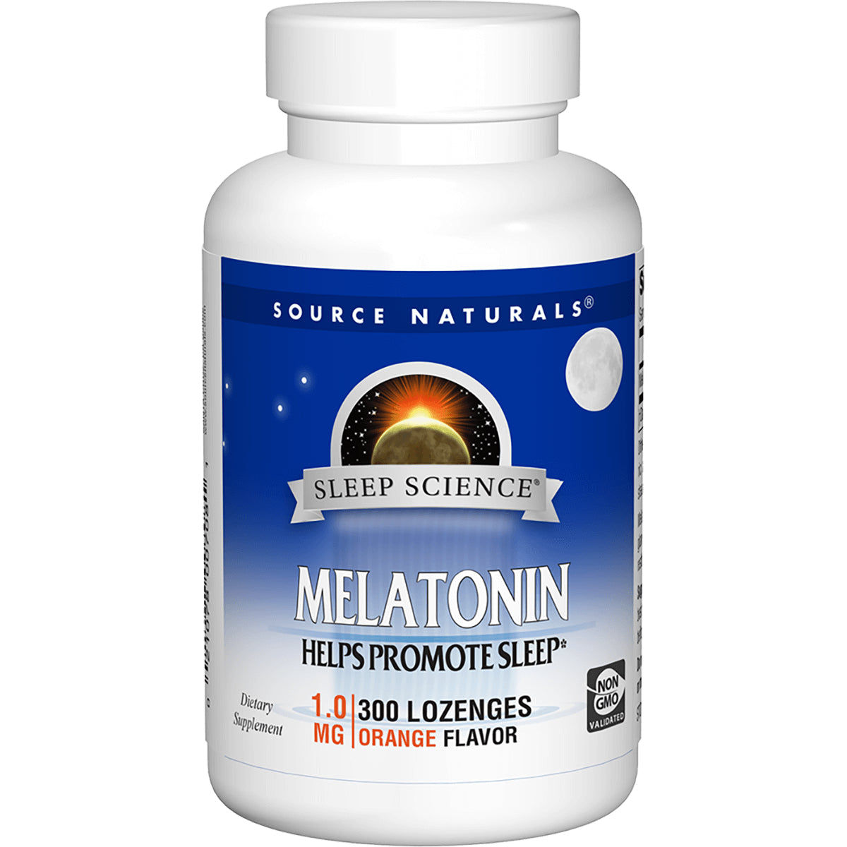 SN897 | Source Naturals Sleep Science Melatonin 1 mg lozenges, 300 count, orange flavor bottle front