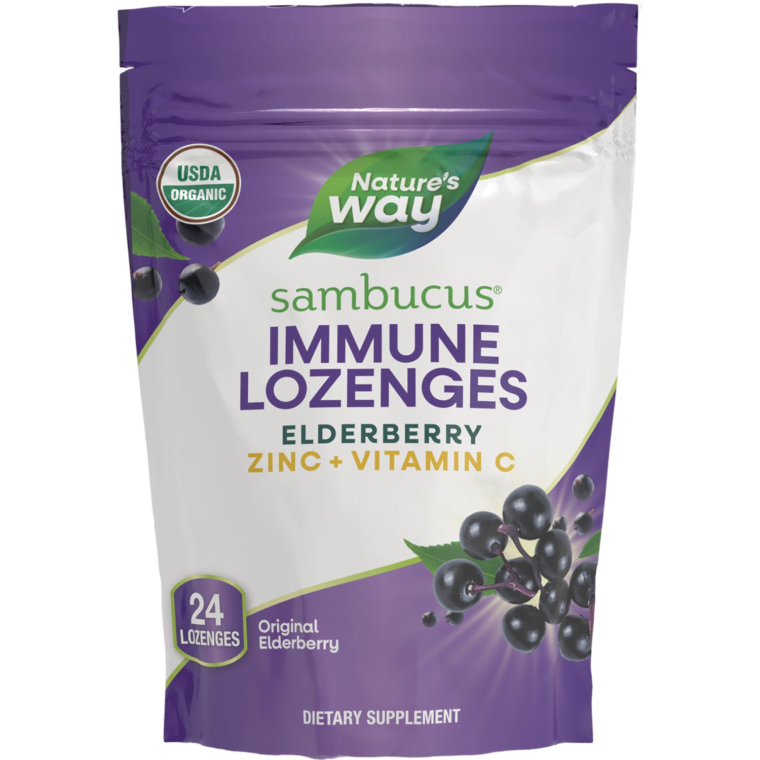 NW873 | Nature's Way Sambucus immune lozenges elderberry zinc + vitamin C pouch front showing 24 lozenges