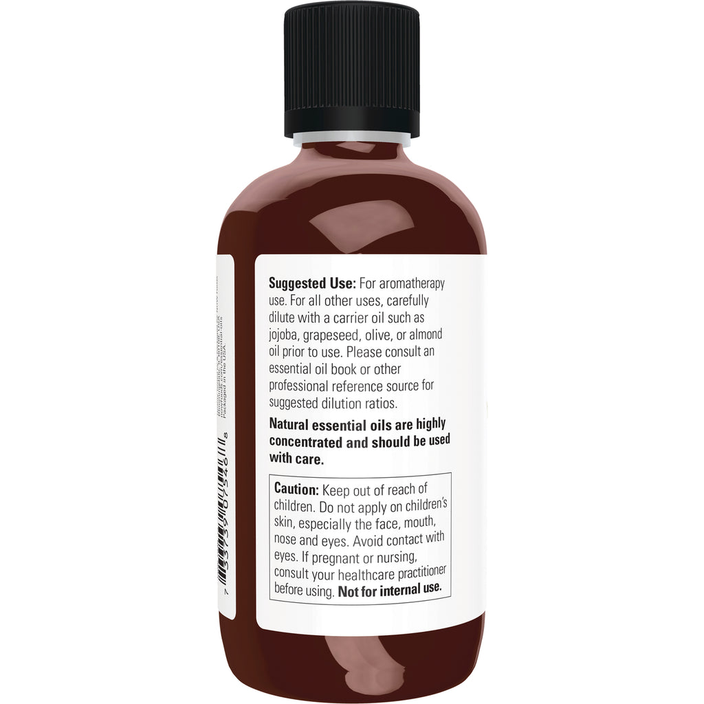NWF126 | Back label of amber essential oil bottle showing suggested use and caution text - Thumbnail