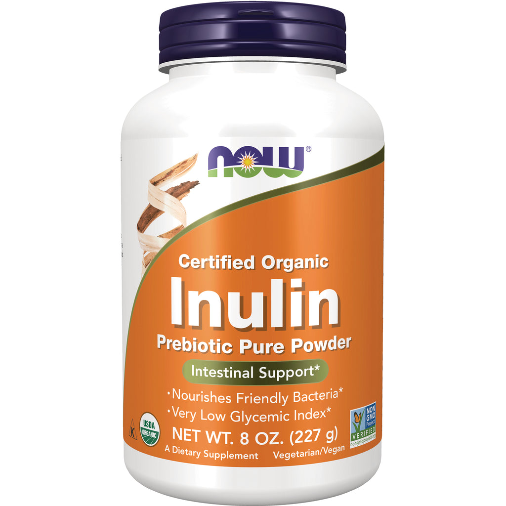 NWF828 | NOW Certified Organic Inulin prebiotic pure powder bottle, 8 oz label showing Intestinal Support and USDA Organic - Thumbnail