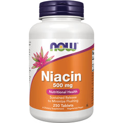 NWF1465 | NOW Niacin 500 mg bottle with orange label, 250 Tablets
