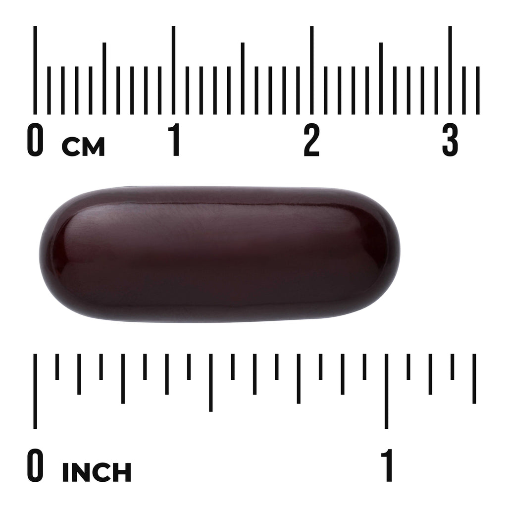 SW882 | Dark softgel capsule shown with centimeter and inch rulers, about 1 inch long - Thumbnail