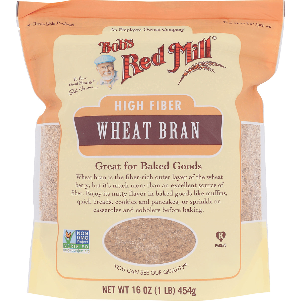 BOB429 | Bob's Red Mill High Fiber Wheat Bran front bag with product window and net wt 16 oz