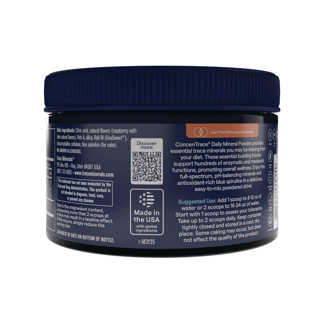 TM166 | Back label of ConcenTrace Daily Mineral Powder jar with suggested use, QR code, and Made in the USA badge - Thumbnail