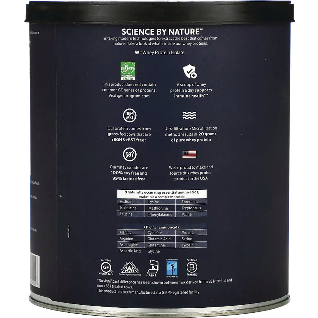CRL327 | Back label of protein powder can showing Science By Nature heading, icons, product claims, and amino acid table - Thumbnail