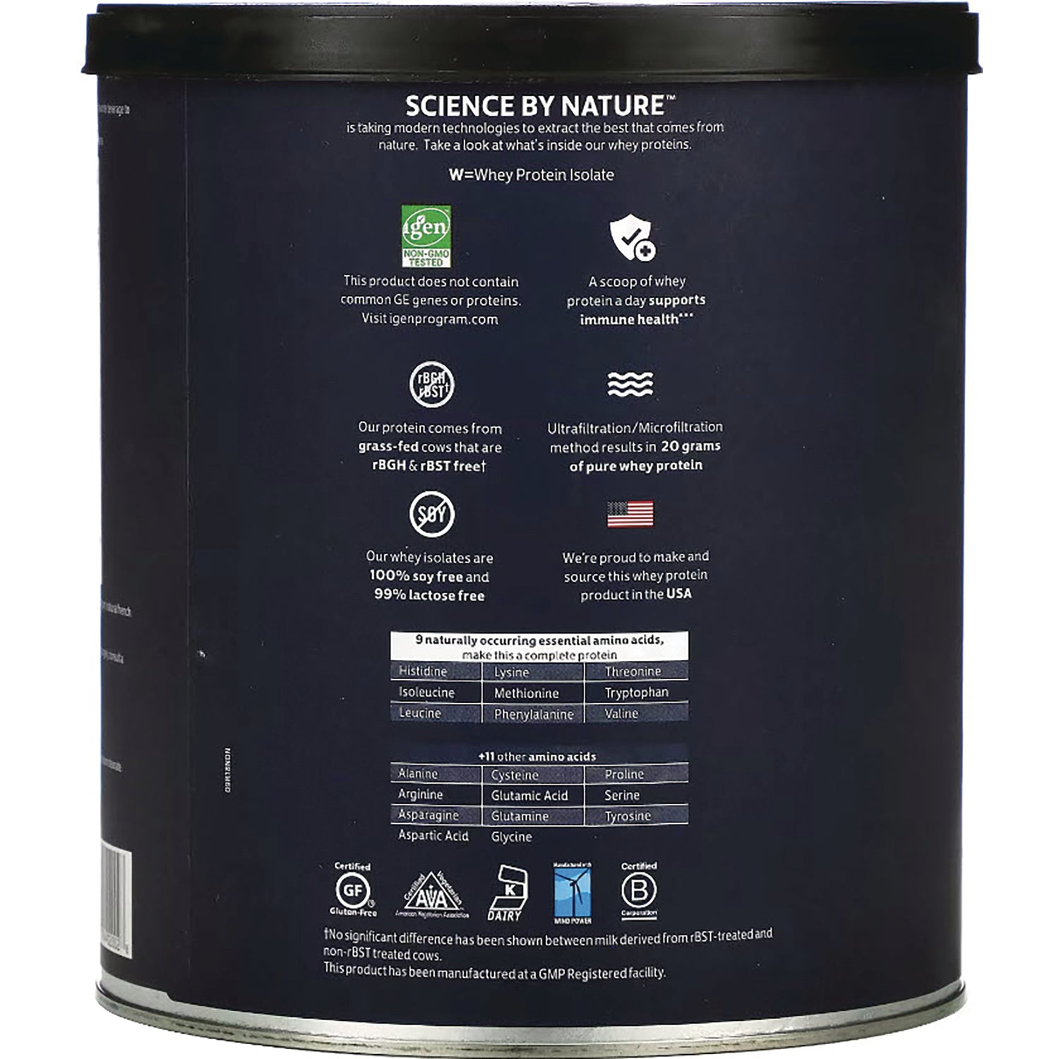 CRL327 | Back label of protein powder can showing Science By Nature heading, icons, product claims, and amino acid table