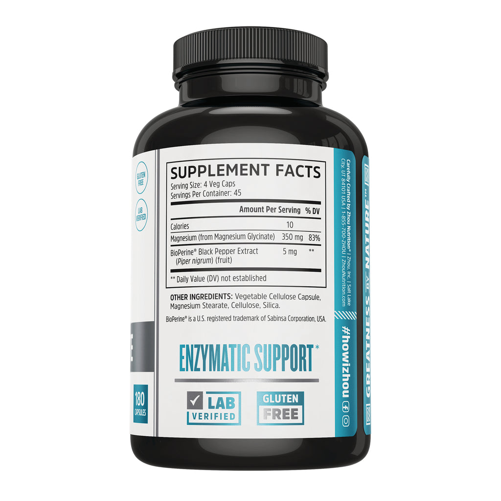 ZOU072 | Back label showing Supplement Facts for magnesium glycinate 350 mg, Enzymatic Support, Lab Verified, Gluten Free - Thumbnail