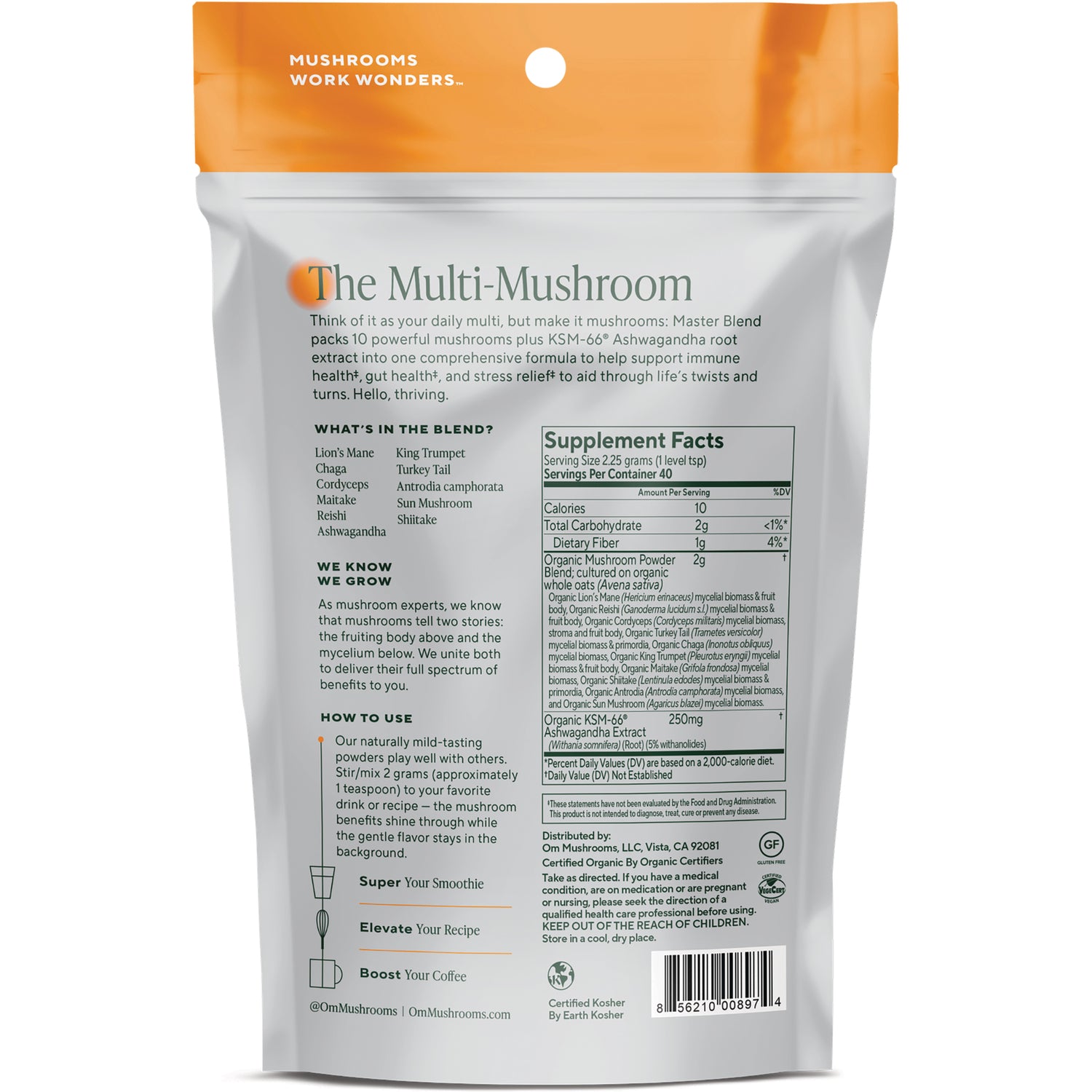 MMX032 | Back of OM Master Blend pouch showing Supplement Facts panel, ingredient list, usage directions and barcode