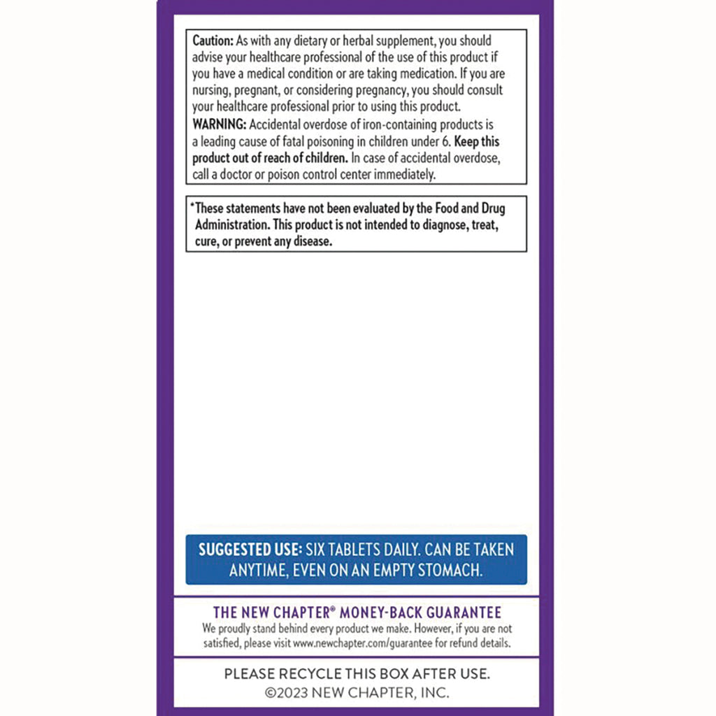 NWC210 | back of purple-bordered supplement box showing caution and warning text, suggested use, guarantee, and recycle notice - Thumbnail
