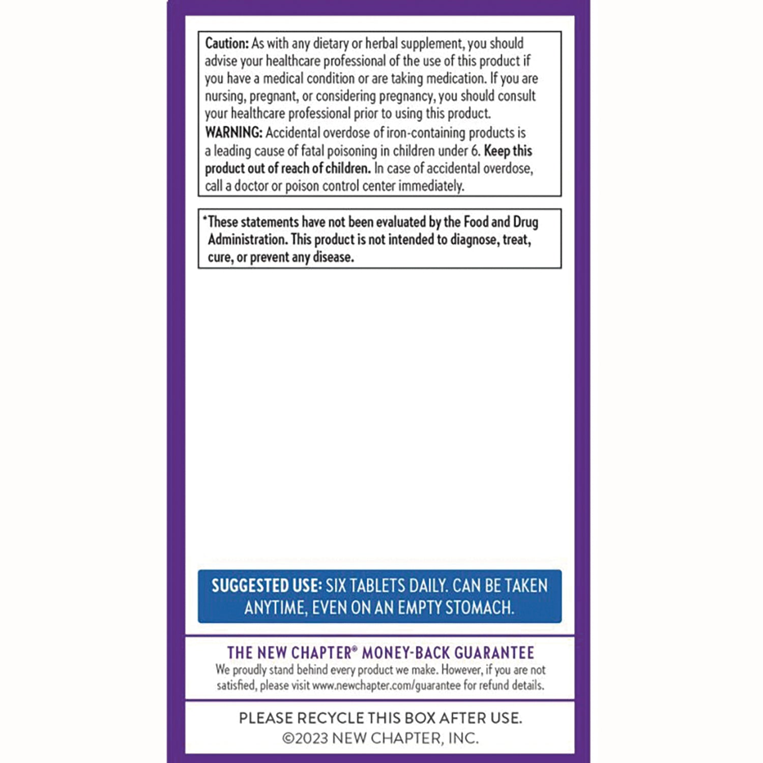 NWC210 | back of purple-bordered supplement box showing caution and warning text, suggested use, guarantee, and recycle notice