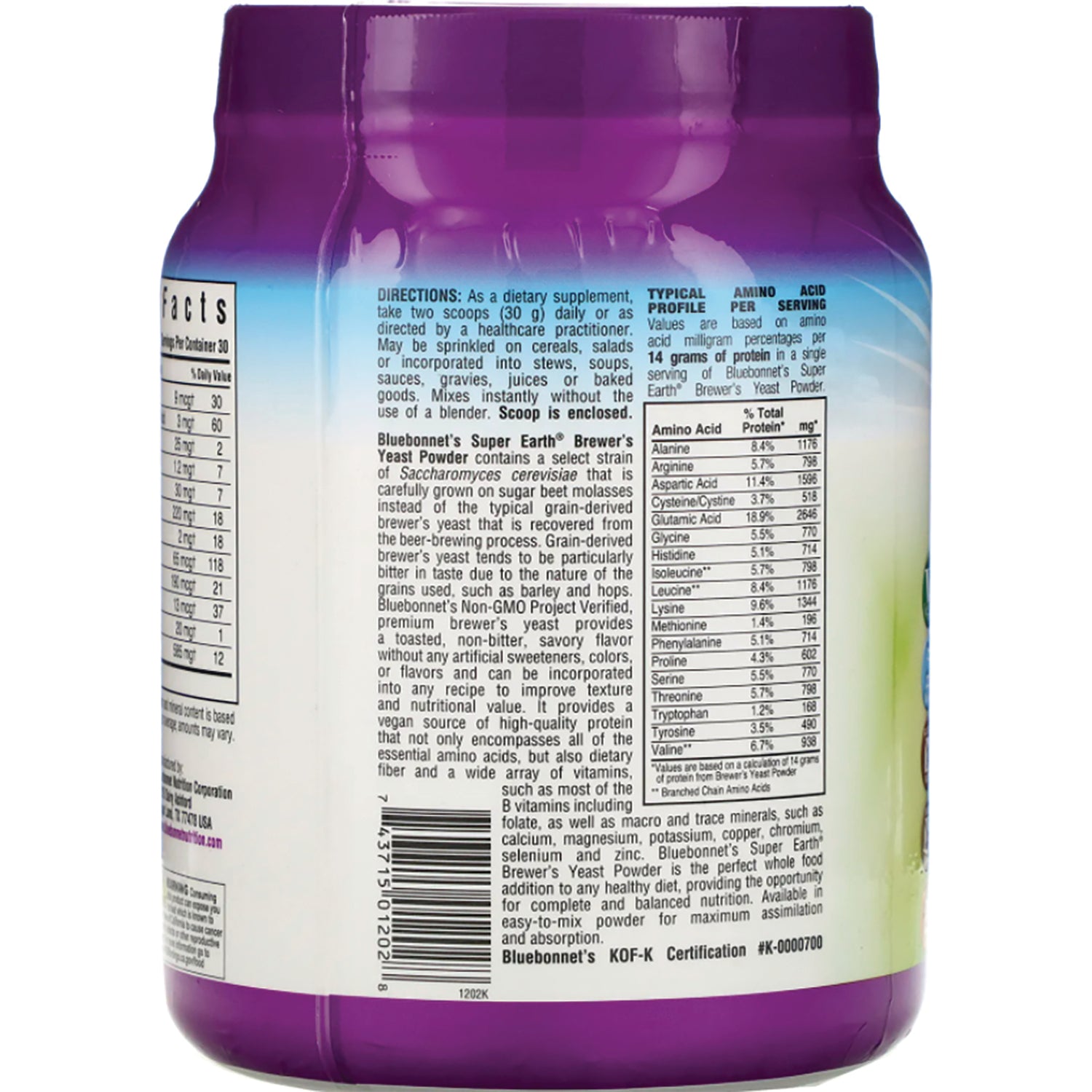 BLU057 | Back label of purple supplement jar showing directions, product description and amino acid nutrition facts