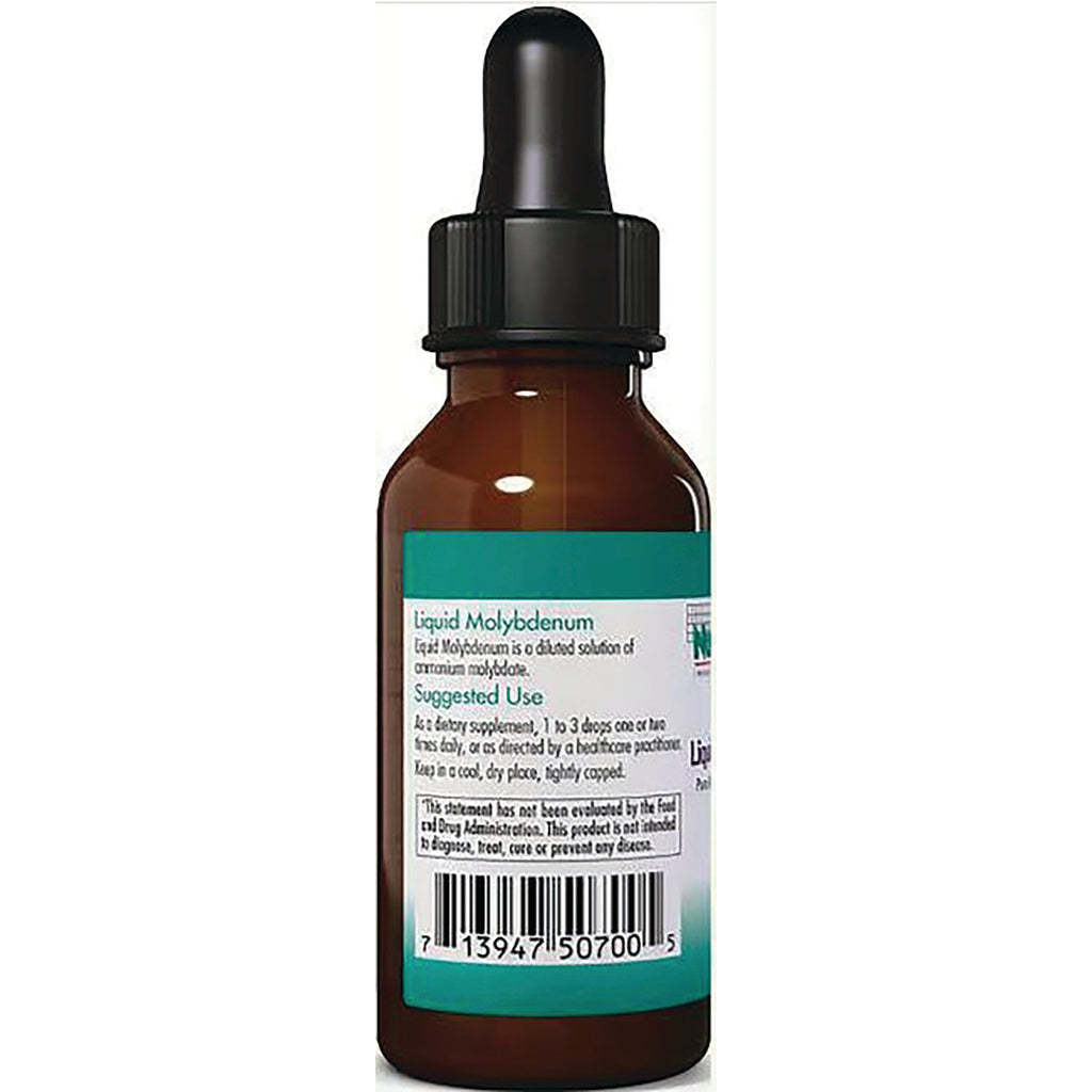 NCL102 | Back of brown dropper bottle labeled Liquid Molybdenum showing suggested use text and barcode - Thumbnail