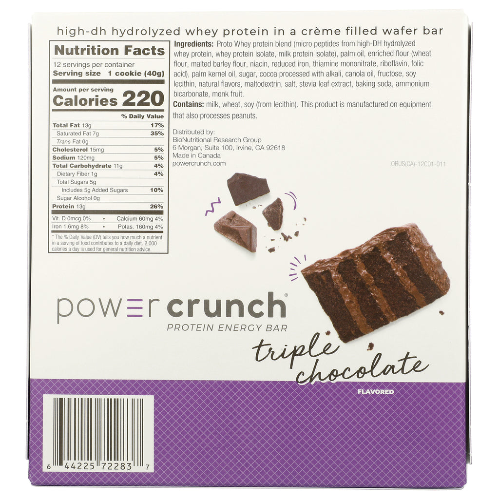 BNR005 | Back of Power Crunch triple chocolate protein energy bar box with nutrition facts, ingredients, and barcode - Thumbnail