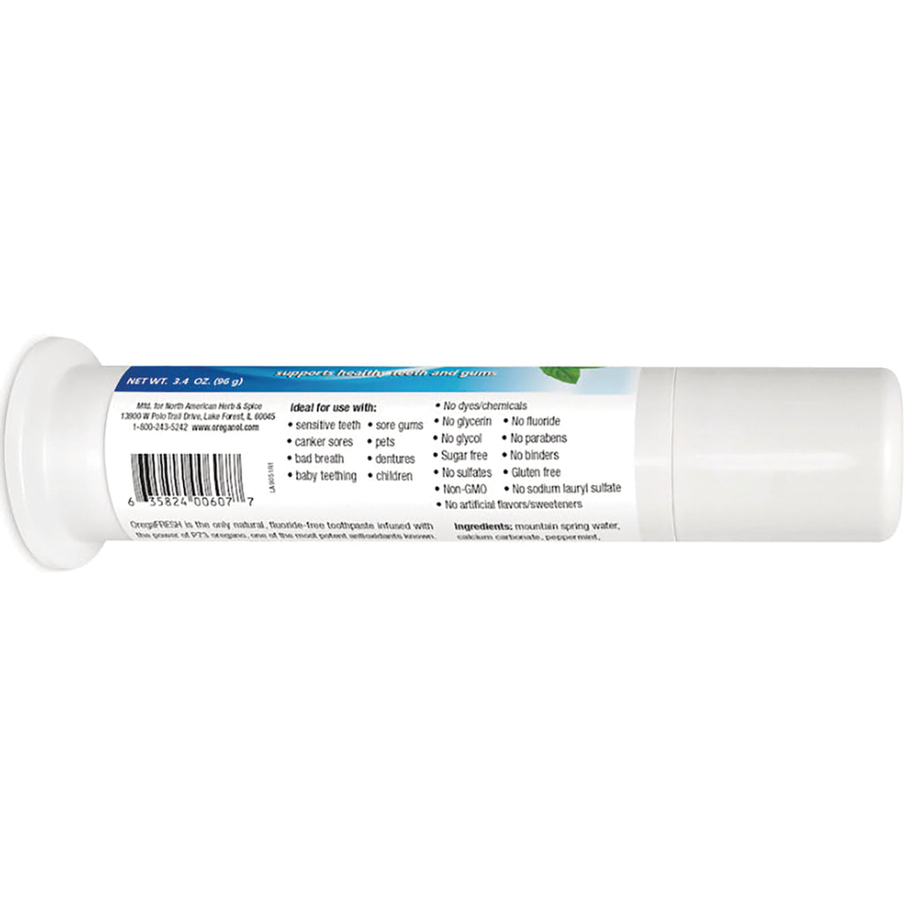 NHS080 | back of white toothpaste tube showing ingredients, barcode, and NET WT 3.4 OZ (96 g) - Thumbnail